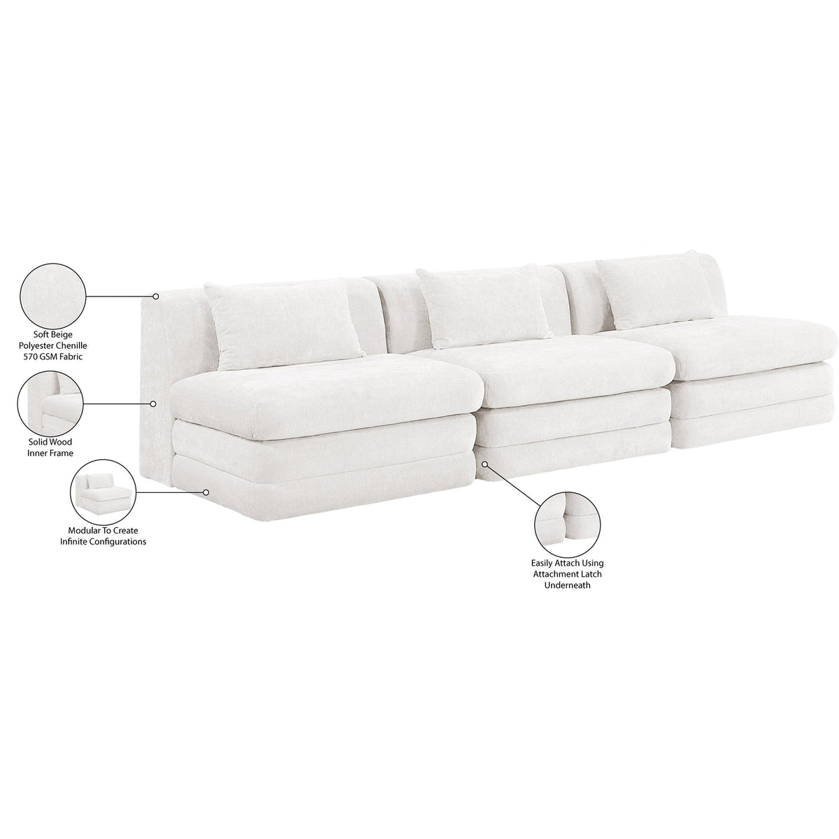 Stellar 114in Cream Chenille Fabric Upholstered 3 Piece Modular Sofa