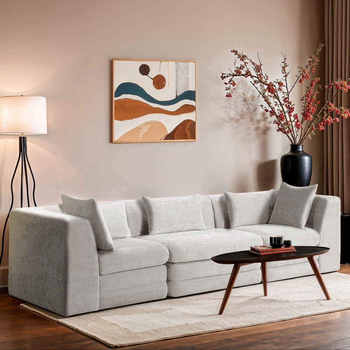 Stellar 114in Cream Chenille Fabric Upholstered 3 Piece Modular Sofa