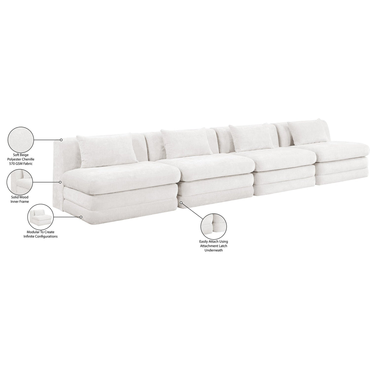 Stellar 152in Cream Chenille Fabric Upholstered 4 Piece Modular Sofa