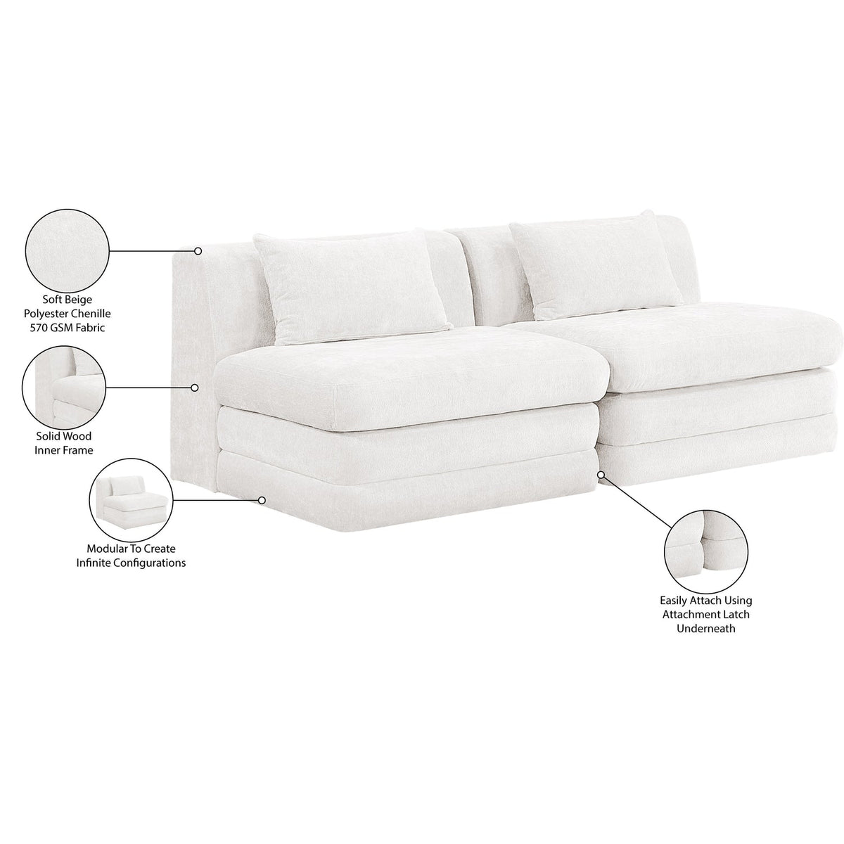 Stellar 76in Cream Chenille Fabric Upholstered 2 Piece Modular Sofa
