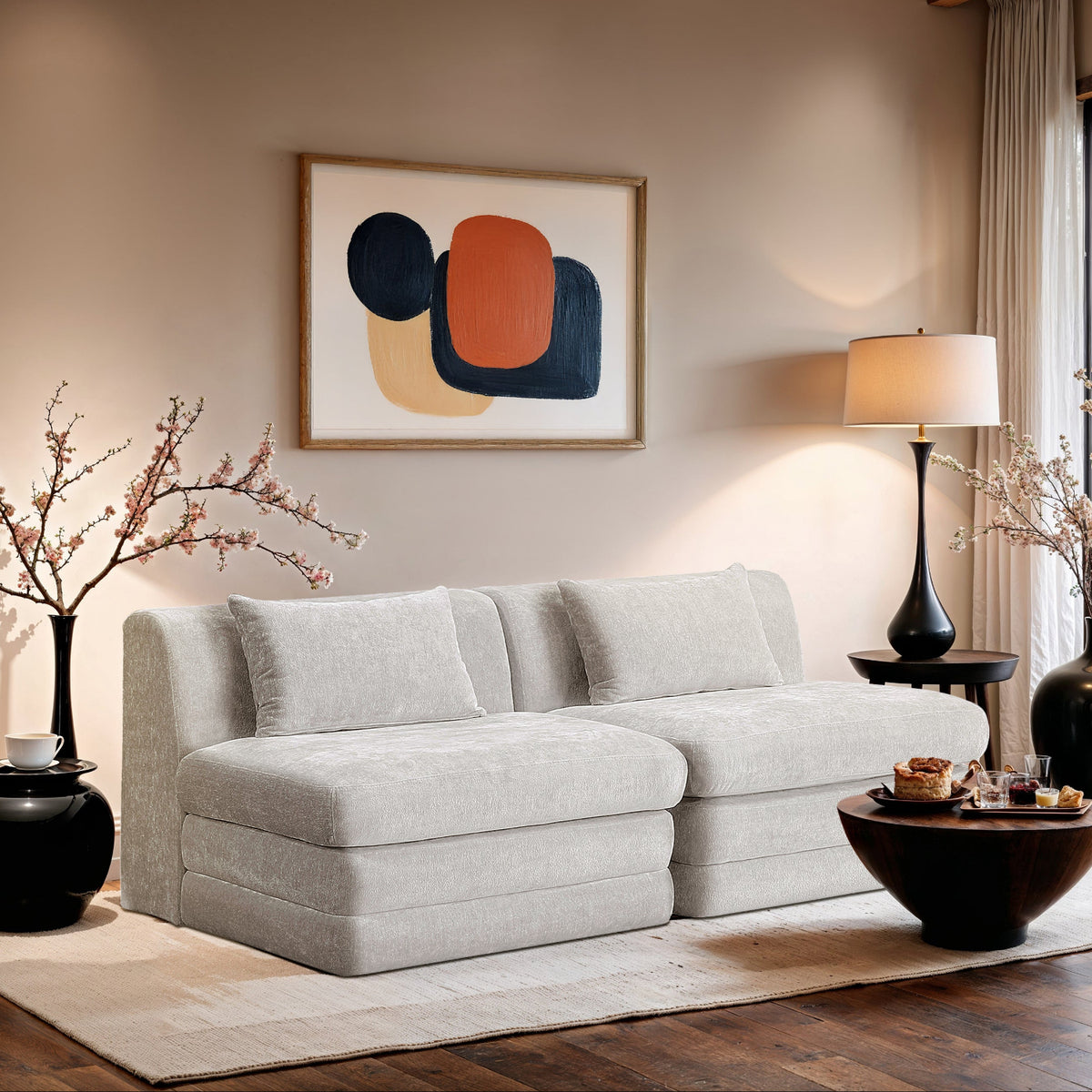 Stellar 76in Cream Chenille Fabric Upholstered 2Piece Modular Sofa