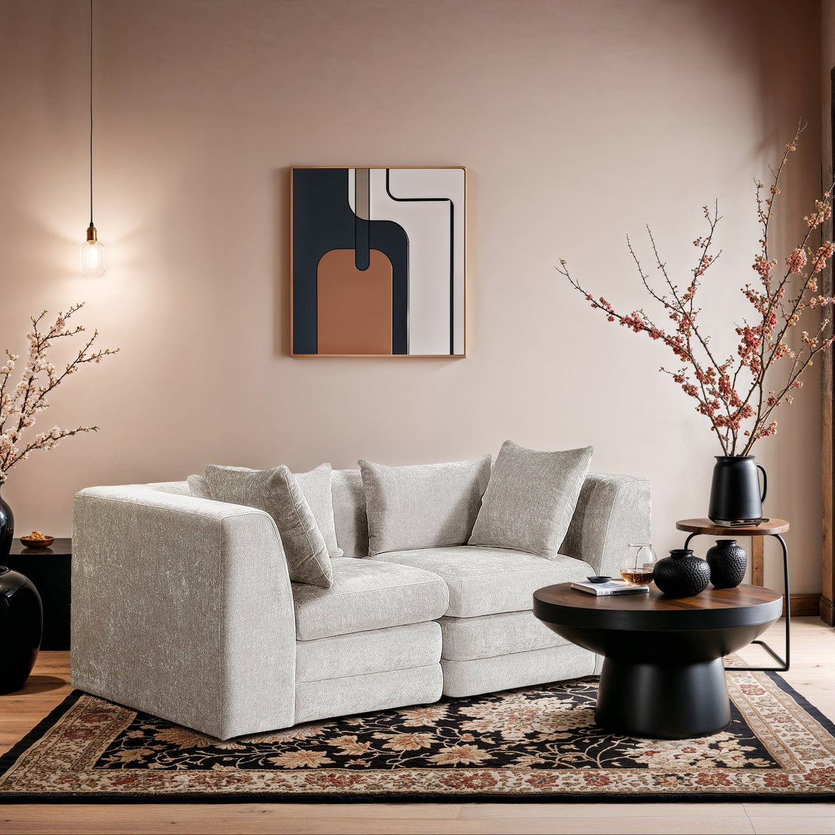Stellar 76in Cream Chenille Fabric Upholstered 2Piece Modular Sofa