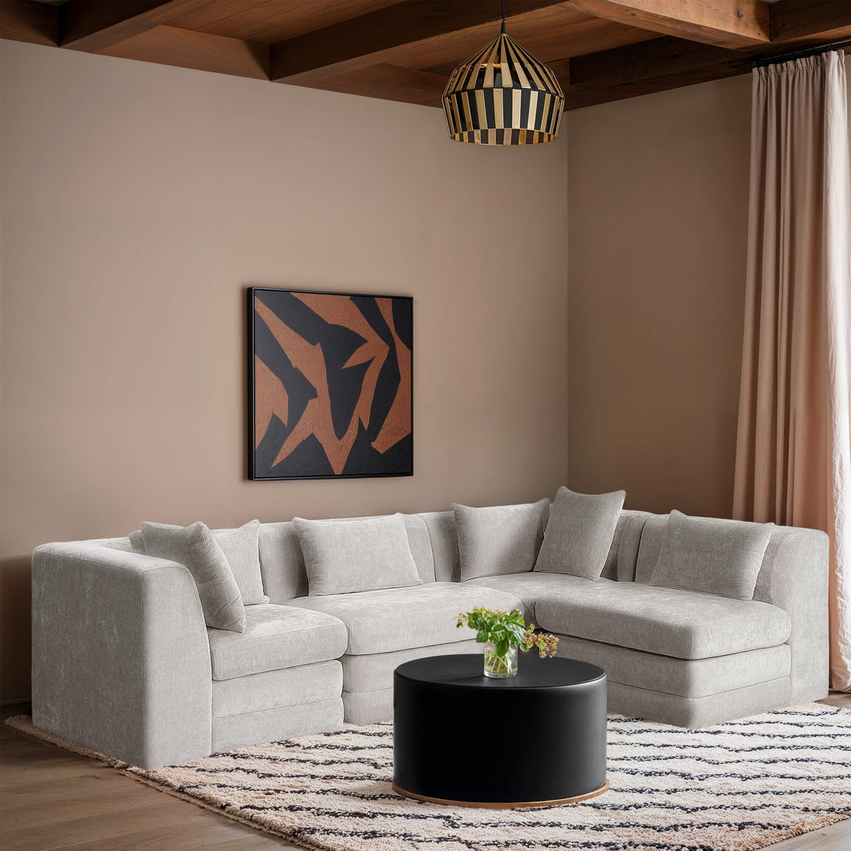 Stellar 114in Cream Chenille Fabric Upholstered 4 Piece Modular Sectional Sofa