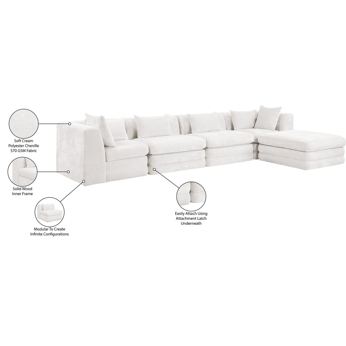 Stellar 152in Cream Chenille Fabric Upholstered 5 Piece Modular Sectional Sofa