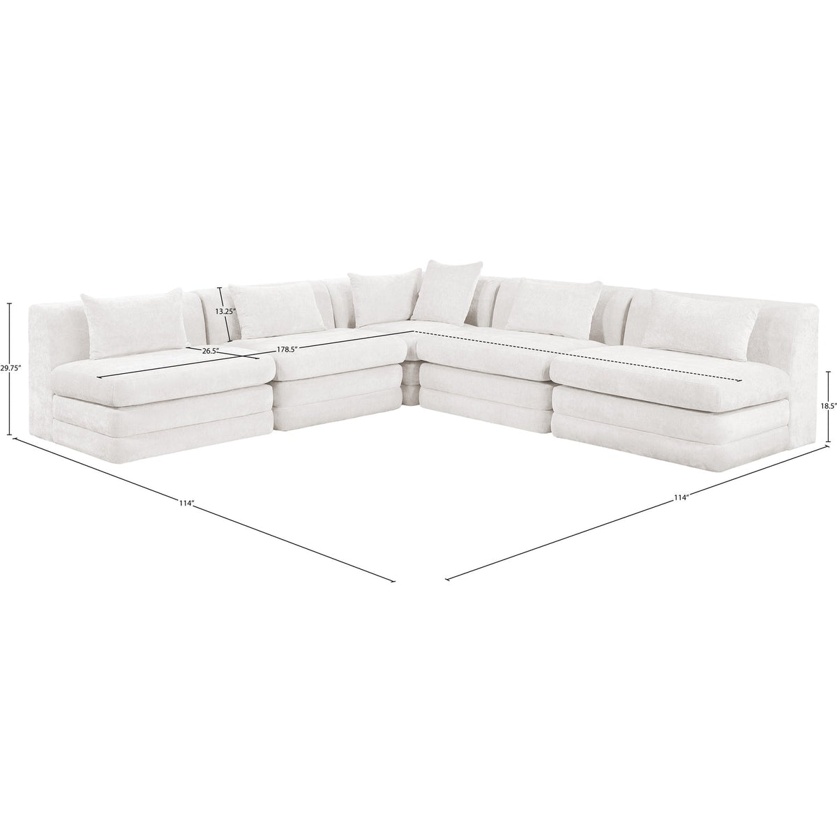 Stellar 114in Cream Chenille Fabric Upholstered 5 Piece Modular Sectional Sofa