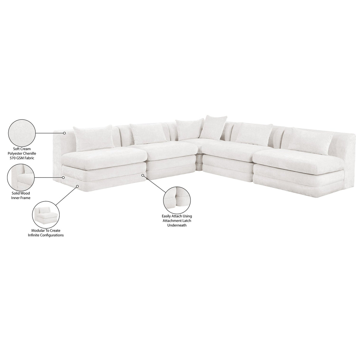 Stellar 114in Cream Chenille Fabric Upholstered 5 Piece Modular Sectional Sofa
