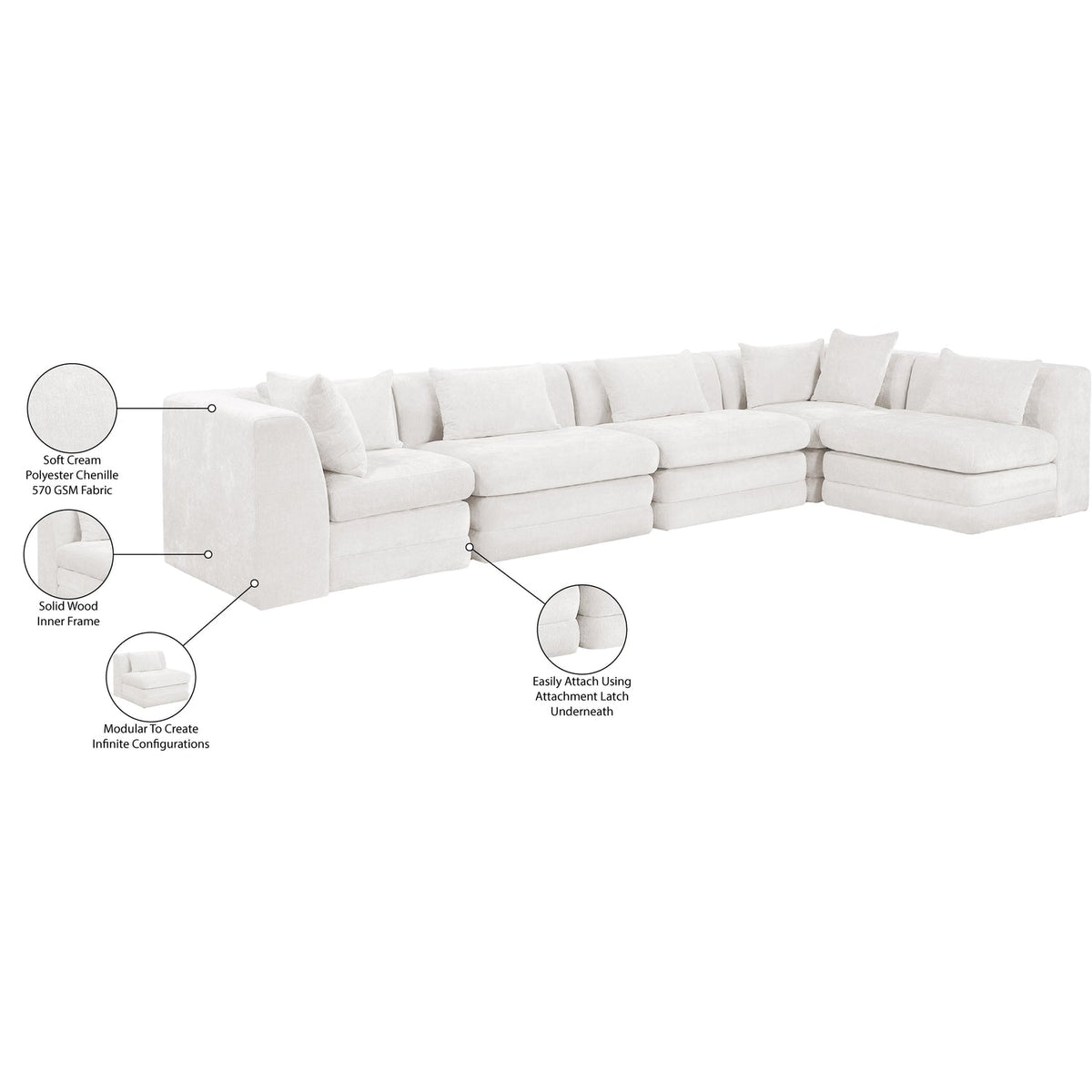 Stellar 152in Cream Chenille Fabric Upholstered 5 Piece Modular Sectional Sofa
