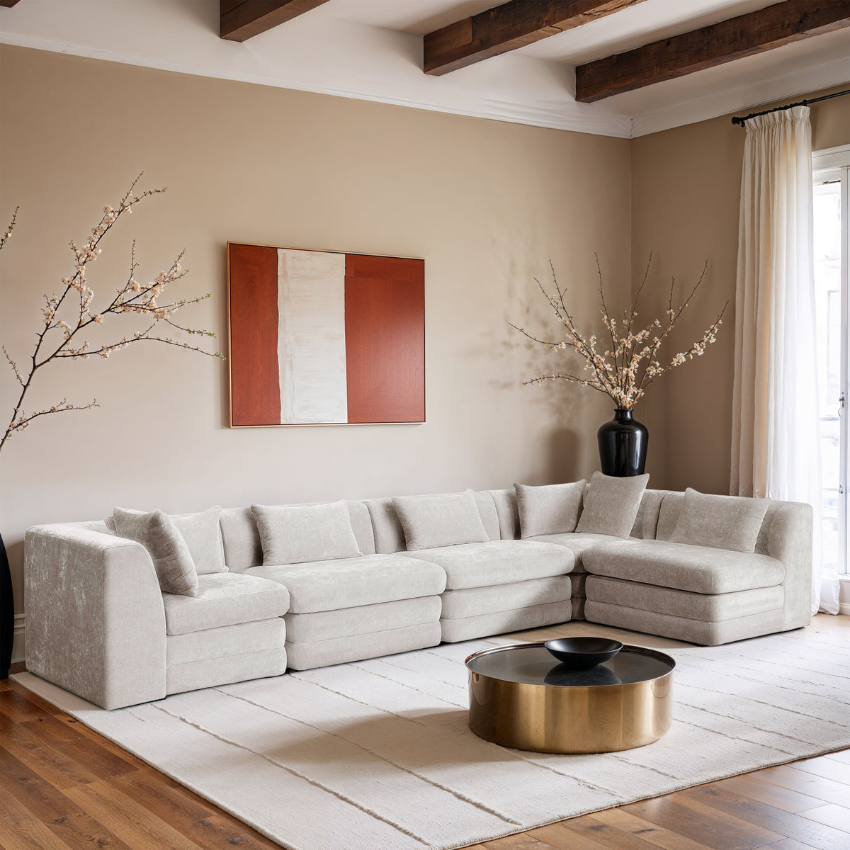 Stellar 152in Cream Chenille Fabric Upholstered 5 Piece Modular Sectional Sofa
