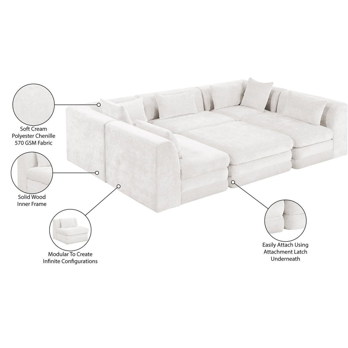 Stellar 114in Cream Chenille Fabric Upholstered 6 Piece Modular Sectional Sofa