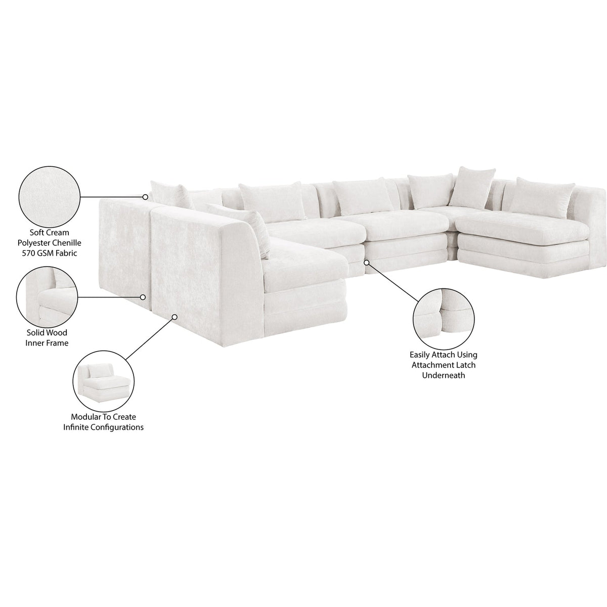Stellar 152in Cream Chenille Fabric Upholstered 6 Piece Modular Sectional Sofa