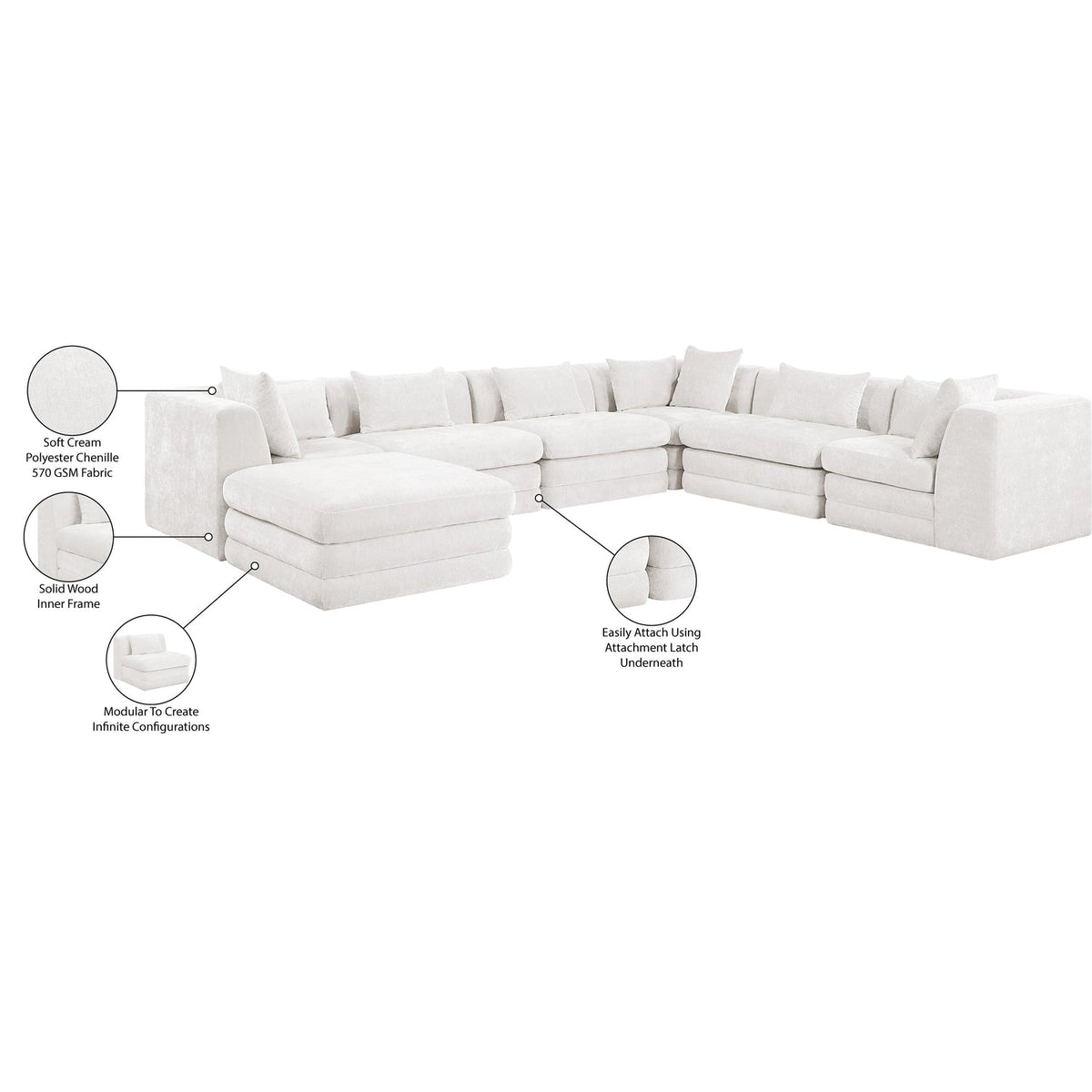 Stellar 152in Cream Chenille Fabric Upholstered 7 Piece Modular Sectional Sofa