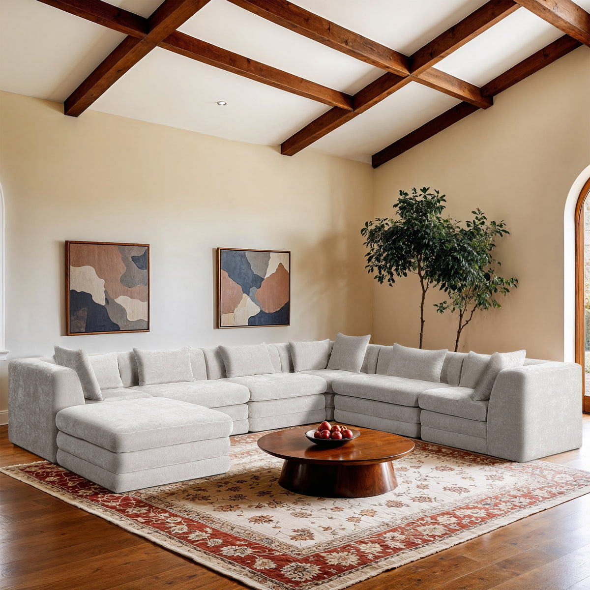 Stellar 152in Cream Chenille Fabric Upholstered 7 Piece Modular Sectional Sofa