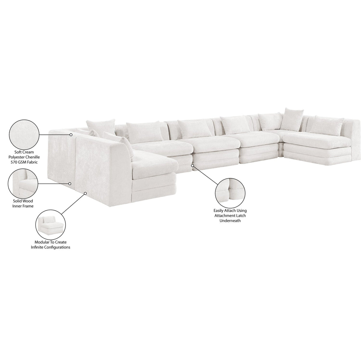 Stellar 190in Cream Chenille Fabric Upholstered 7 Piece Modular Sectional Sofa