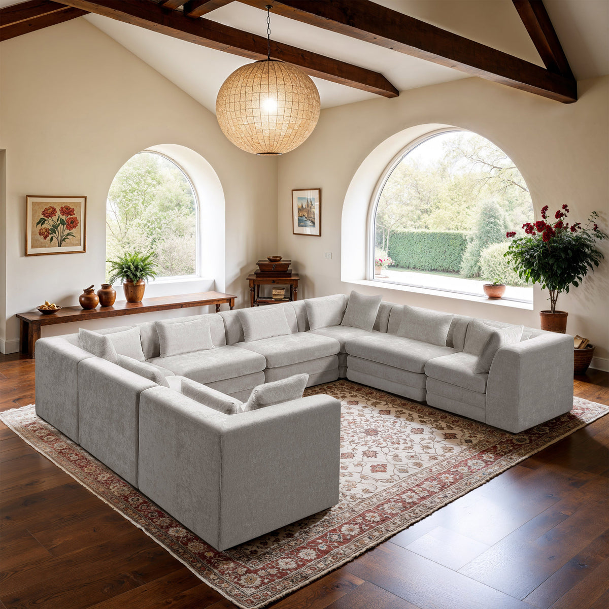Stellar 152in Cream Chenille Fabric Upholstered 8 Piece Modular Sectional Sofa