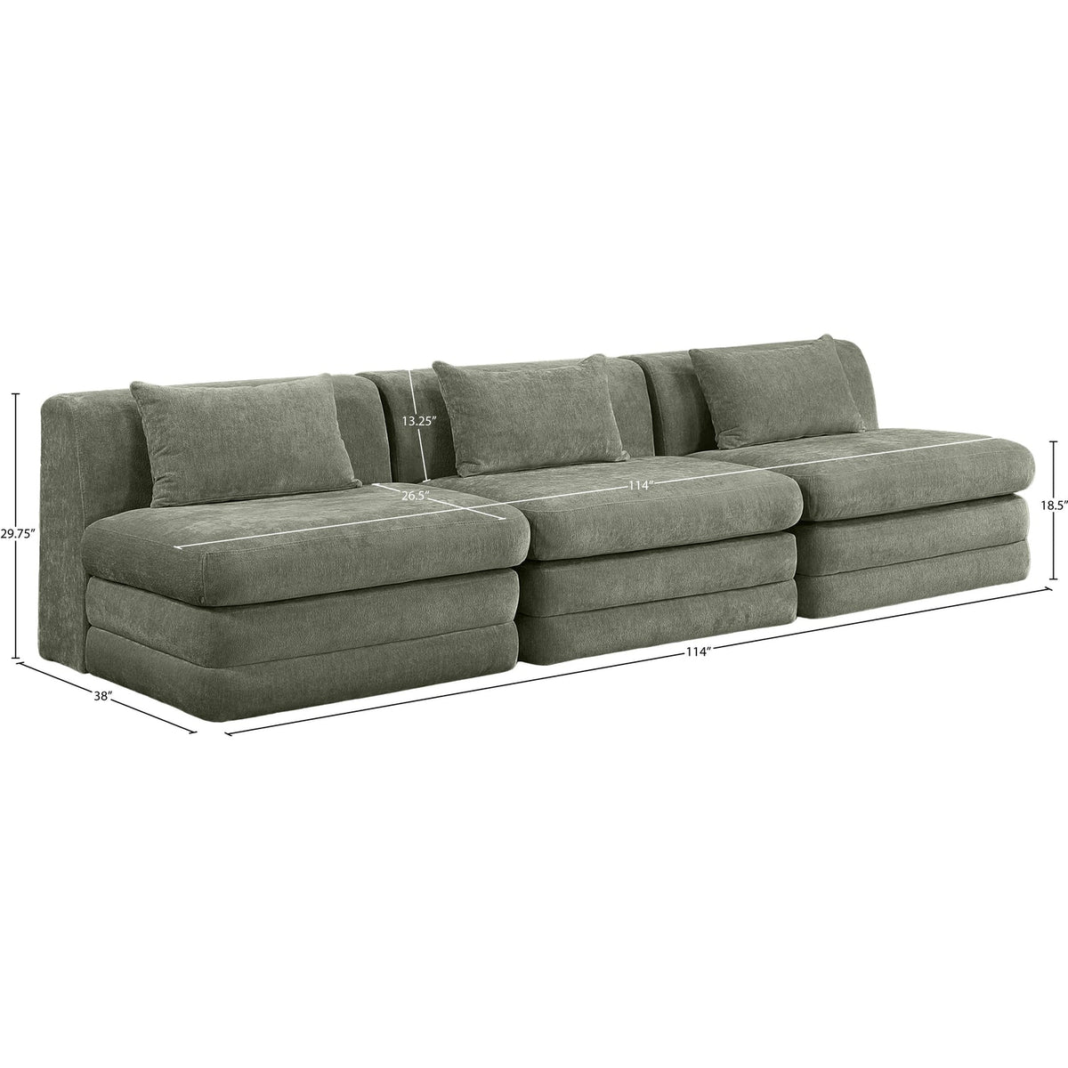 Stellar 114in Green Chenille Fabric Upholstered 3 Piece Modular Sofa