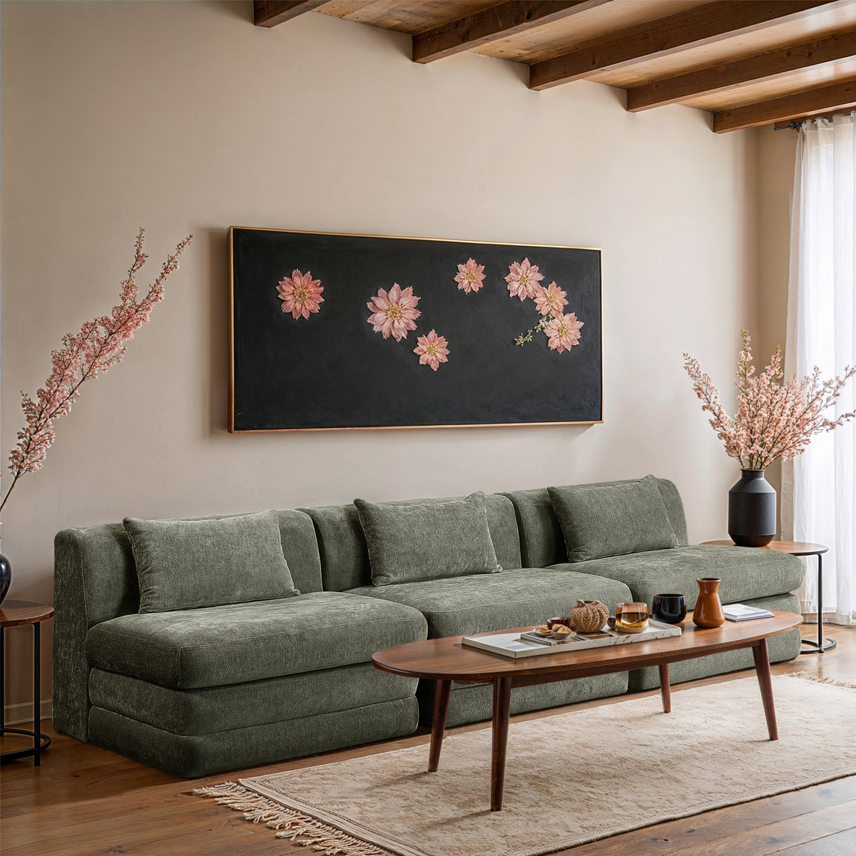 Stellar 114in Green Chenille Fabric Upholstered 3 Piece Modular Sofa