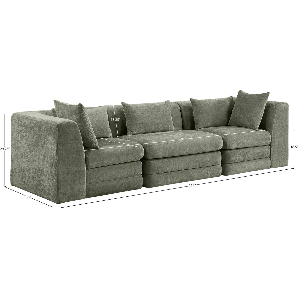Stellar 114in Green Chenille Fabric Upholstered 3 Piece Modular Sofa