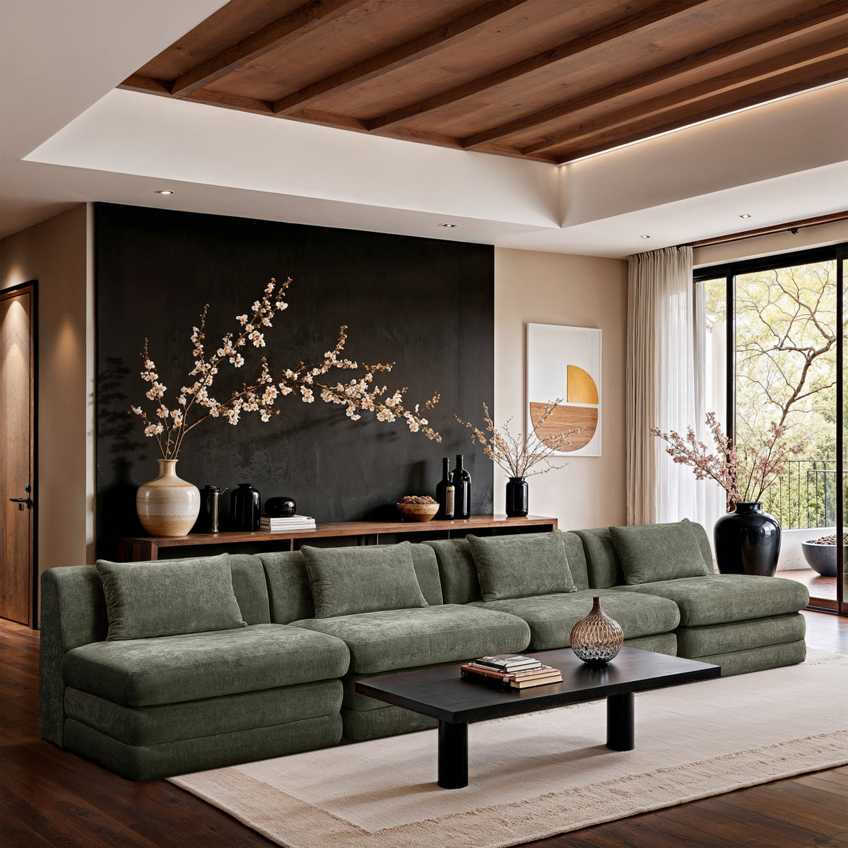 Stellar 152in Green Chenille Fabric Upholstered 4 Piece Modular Sofa