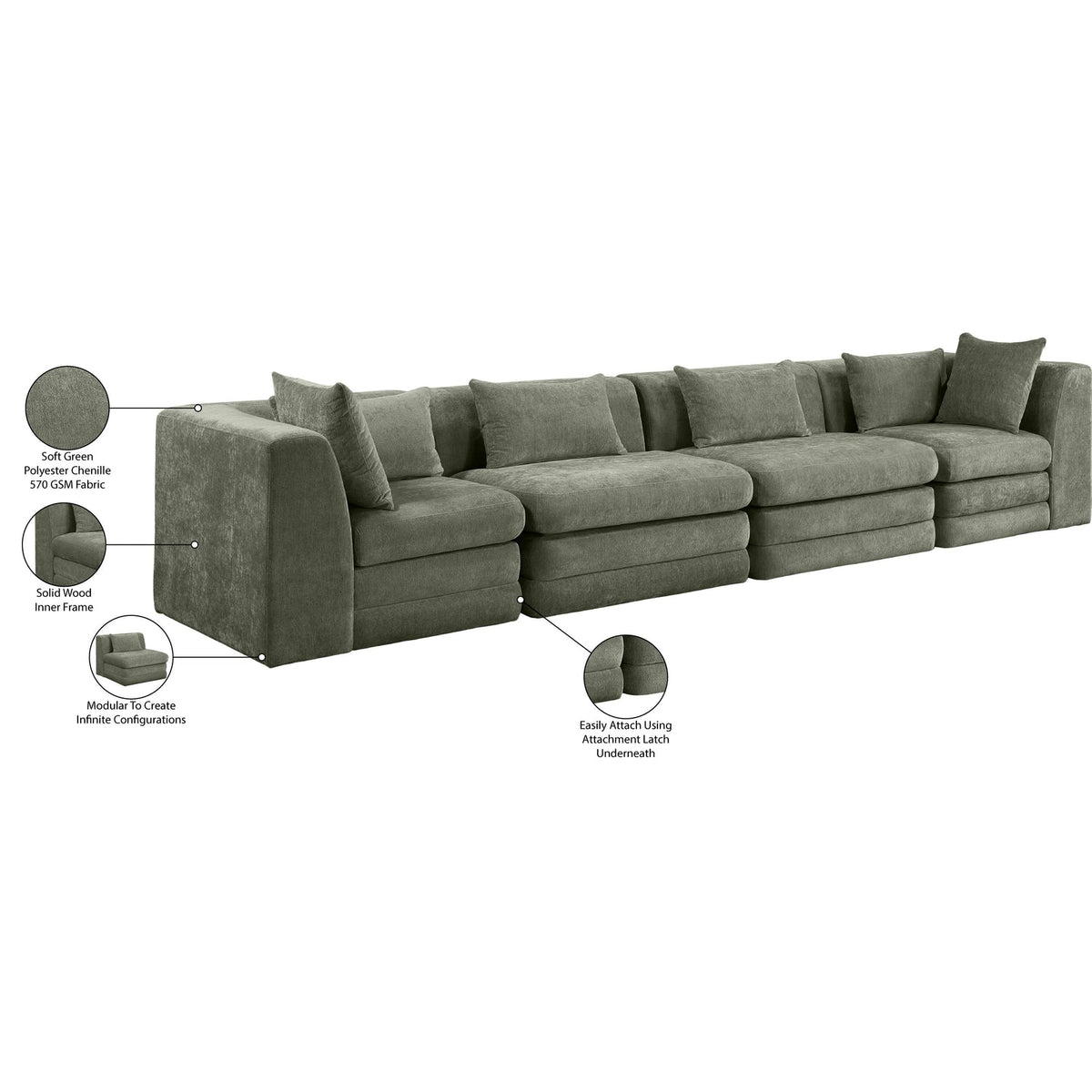 Stellar 152in Green Chenille Fabric Upholstered 4 Piece Modular Sofa