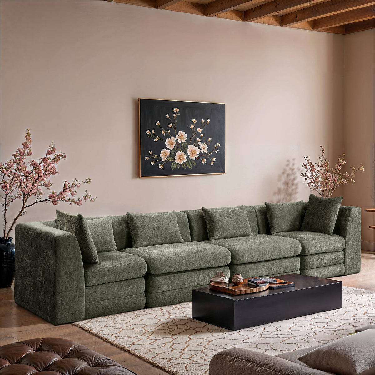 Stellar 152in Green Chenille Fabric Upholstered 4 Piece Modular Sofa