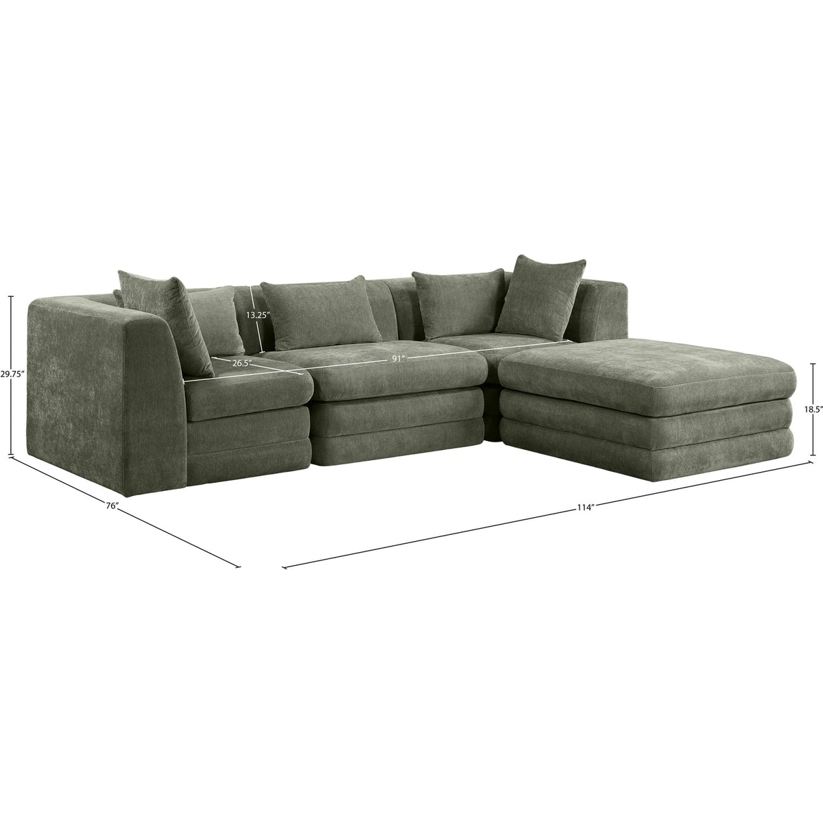 Stellar 114in Green Chenille Fabric Upholstered 4 Piece Modular Sectional Sofa