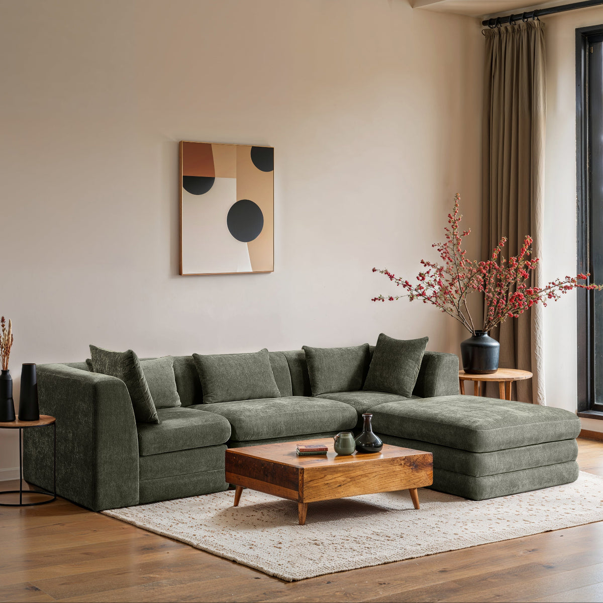 Stellar 114in Green Chenille Fabric Upholstered 4 Piece Modular Sectional Sofa