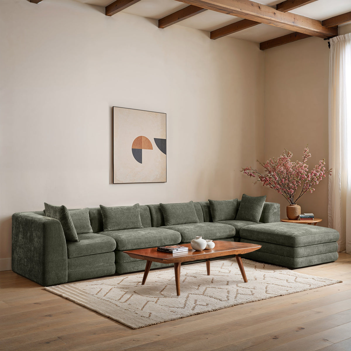 Stellar 152in Green Chenille Fabric Upholstered 5 Piece Modular Sectional Sofa