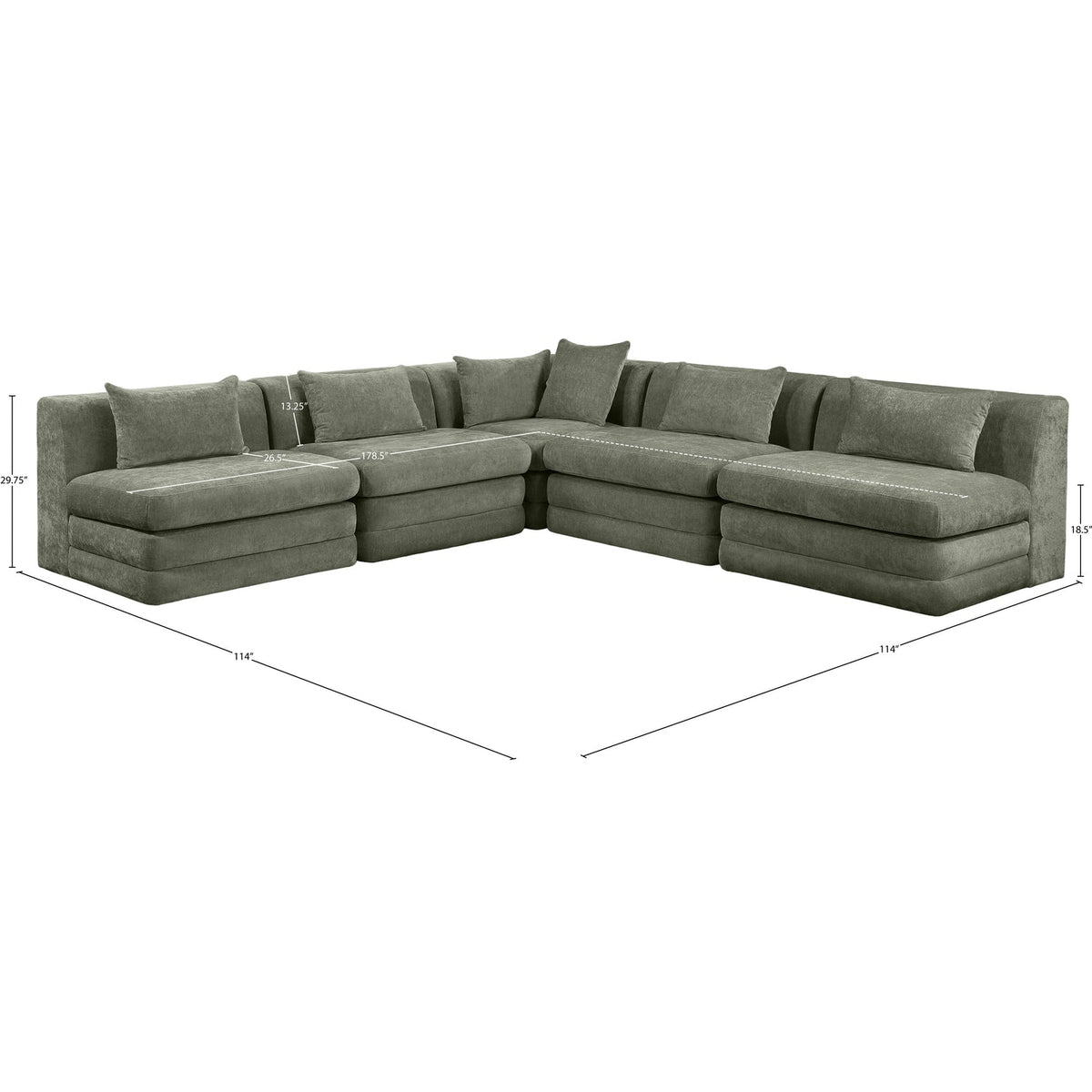 Stellar 114in Green Chenille Fabric Upholstered 5 Piece Modular Sectional Sofa