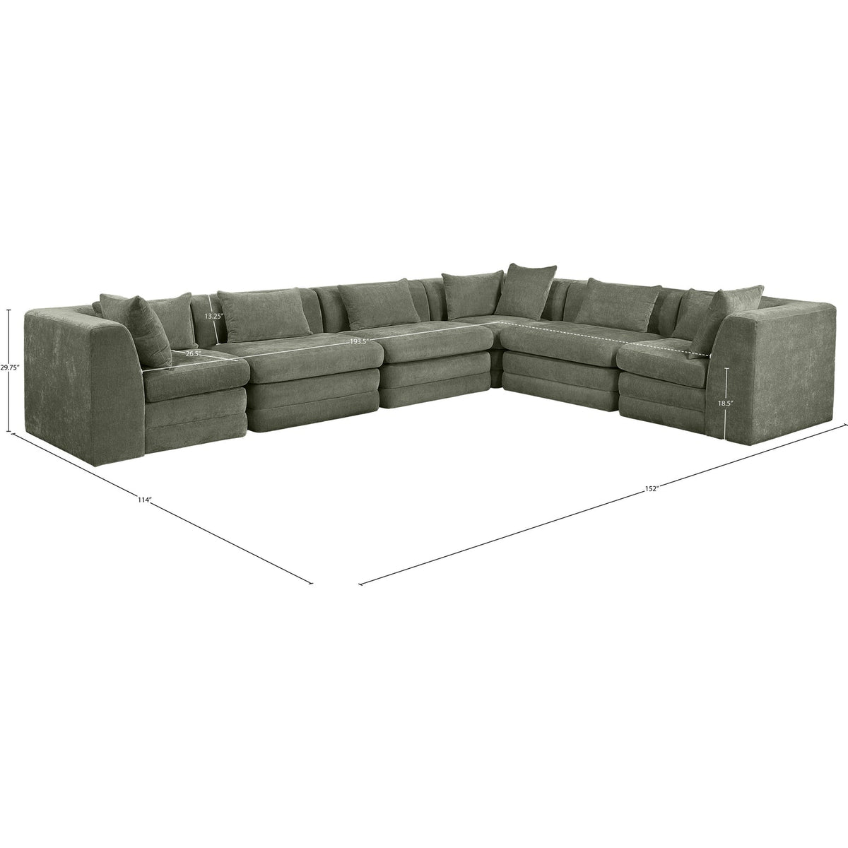 Stellar 152in Green Chenille Fabric Upholstered 6 Piece Modular Sectional Sofa