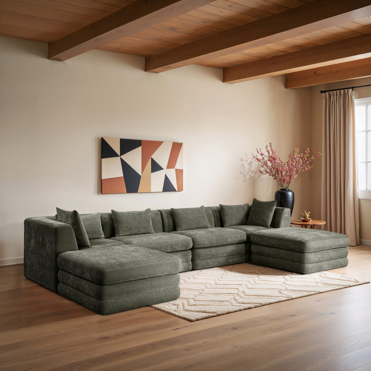 Stellar 152in Green Chenille Fabric Upholstered 6 Piece Modular Sectional Sofa