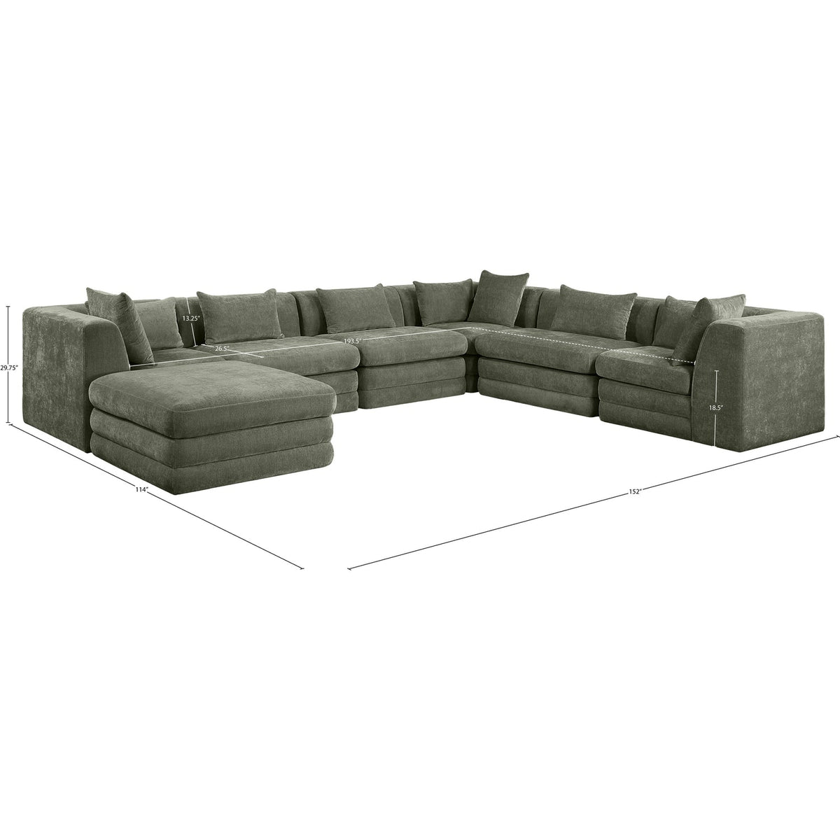 Stellar 152in Green Chenille Fabric Upholstered 7 Piece Modular Sectional Sofa