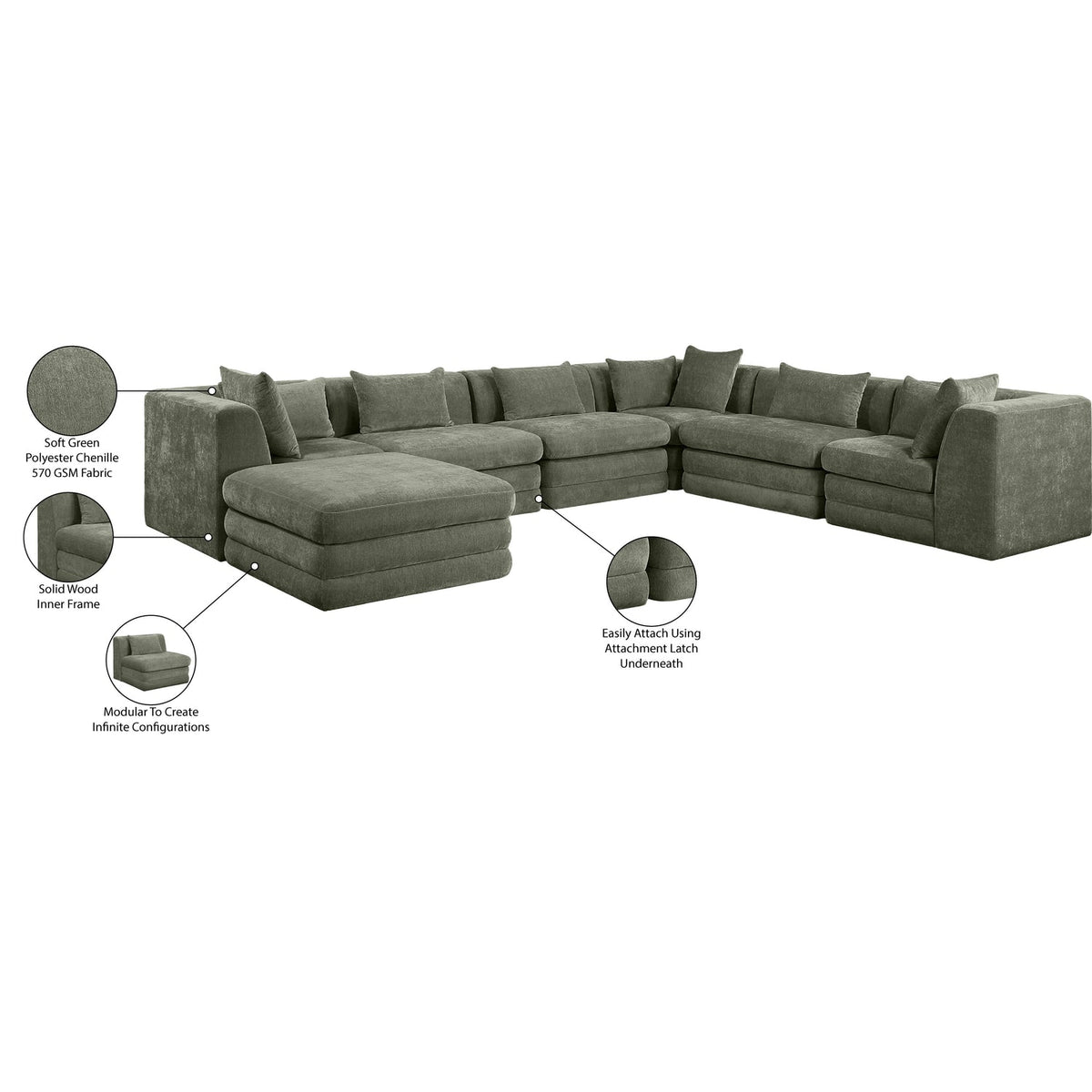 Stellar 152in Green Chenille Fabric Upholstered 7 Piece Modular Sectional Sofa