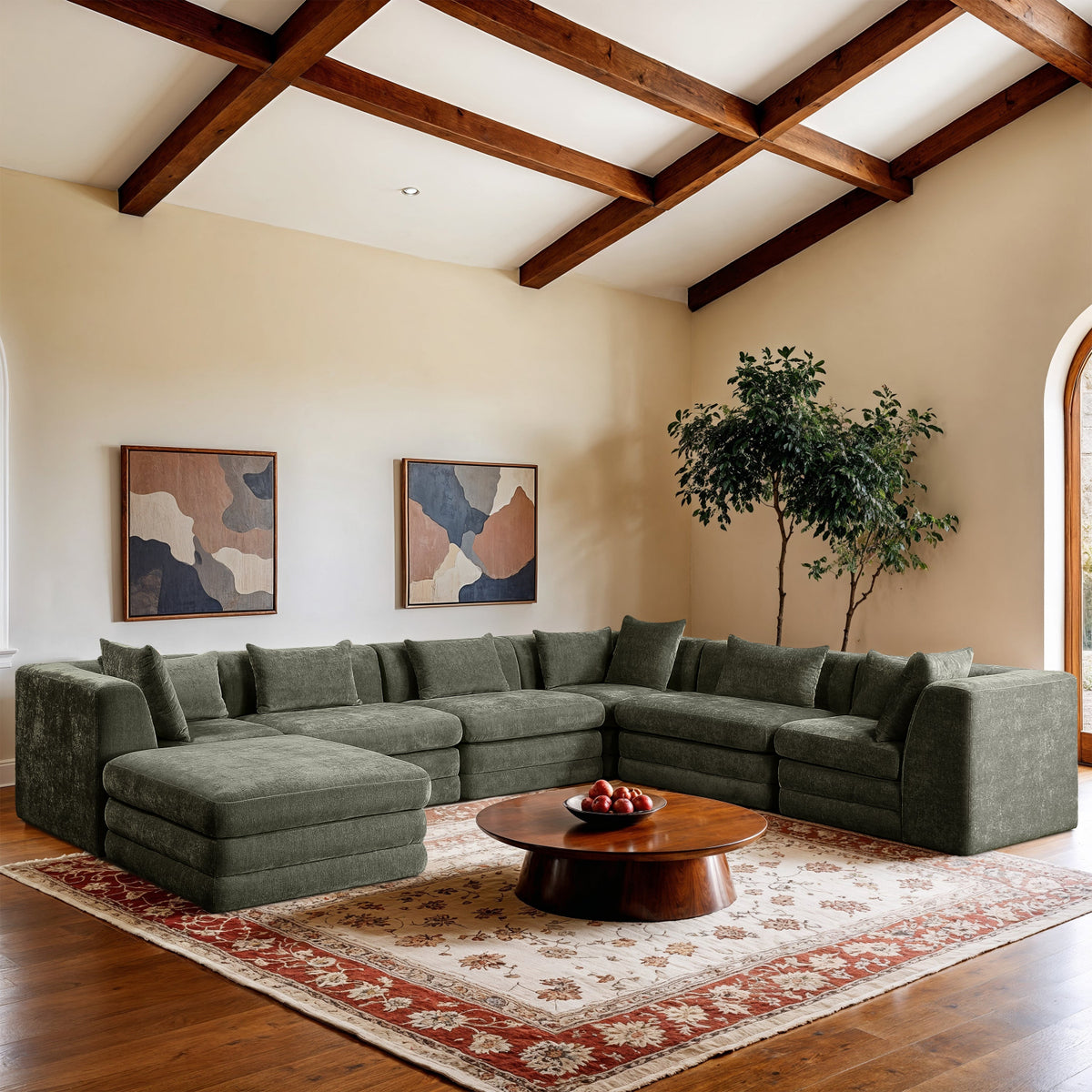 Stellar 152in Green Chenille Fabric Upholstered 7 Piece Modular Sectional Sofa