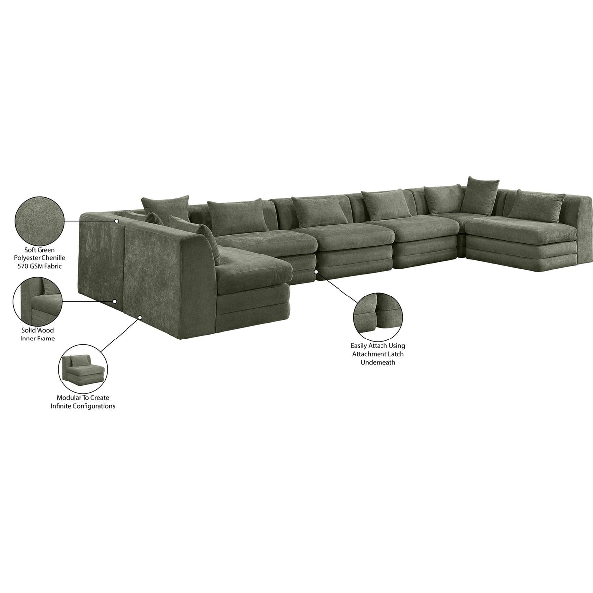 Stellar 190in Green Chenille Fabric Upholstered 7 Piece Modular Sectional Sofa