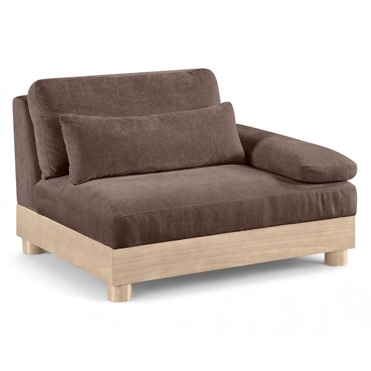 Turin Brown Chenille Fabric Upholstered Modular Right Arm Chair in brown chenille, natural oak frame, primary product view