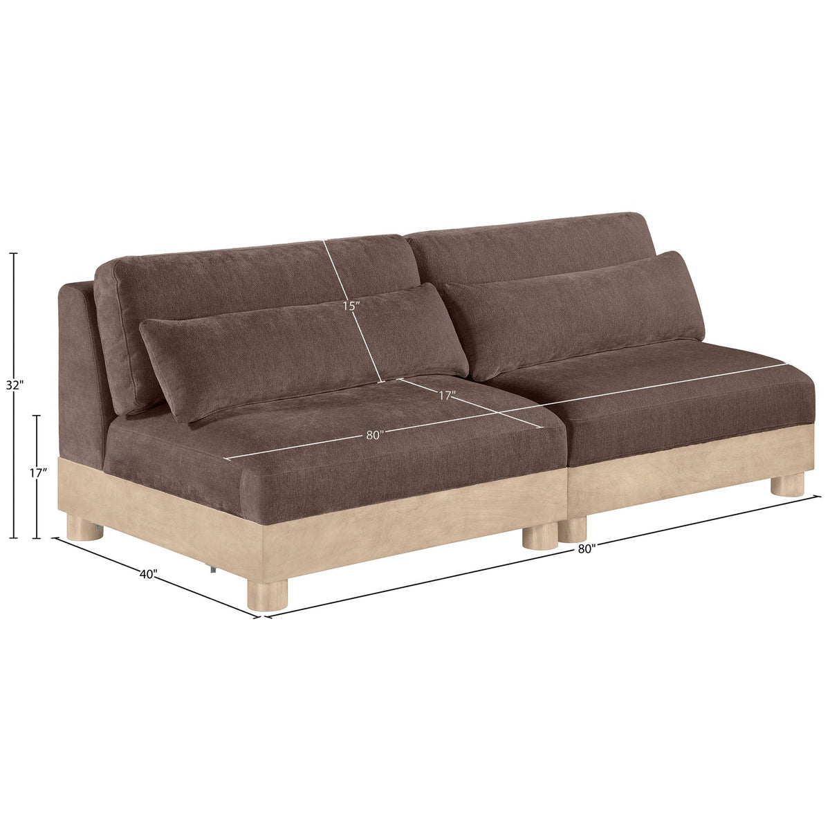Turin 80in Brown Chenille Fabric Upholstered 2 Piece Modular Sofa