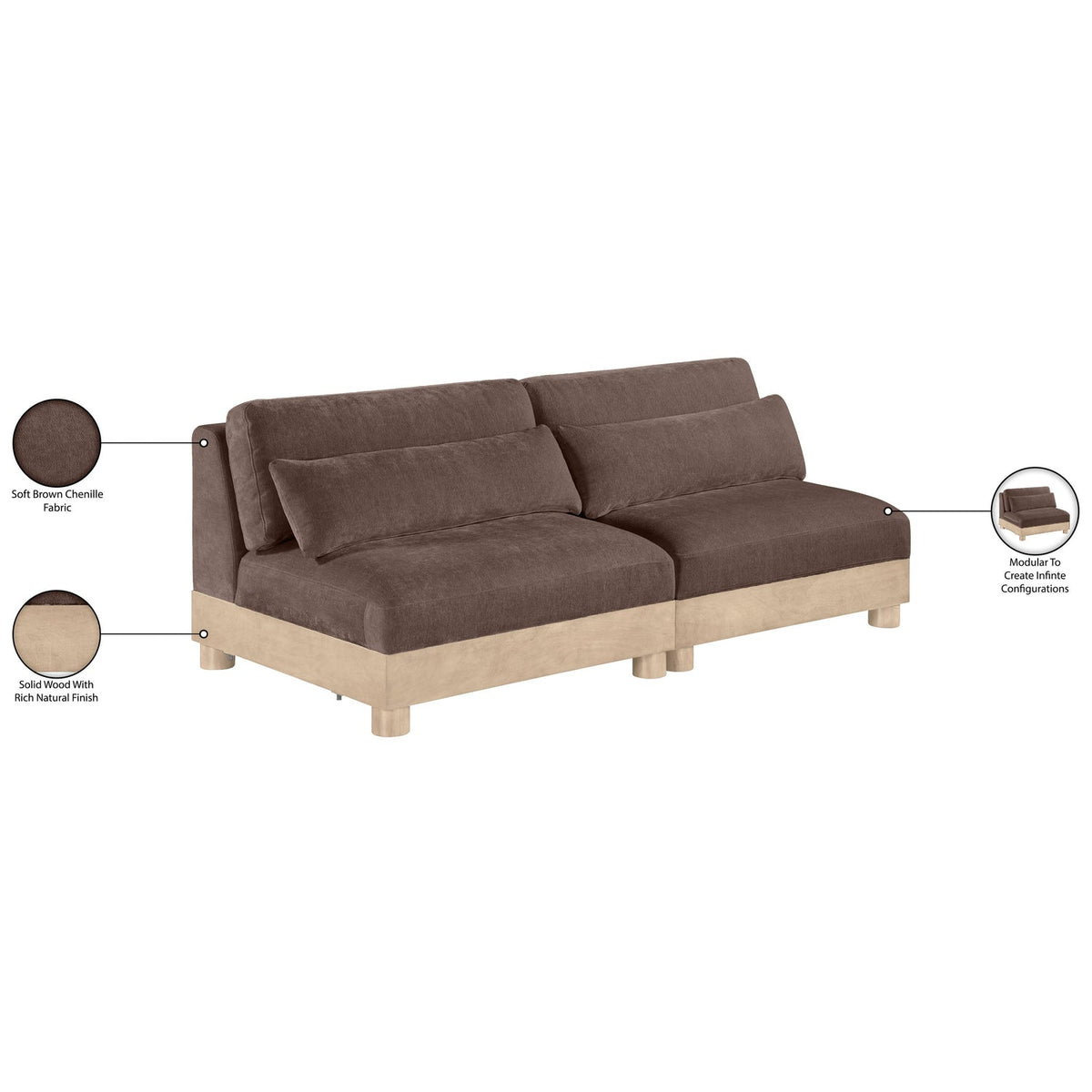 Turin 80in Brown Chenille Fabric Upholstered 2 Piece Modular Sofa