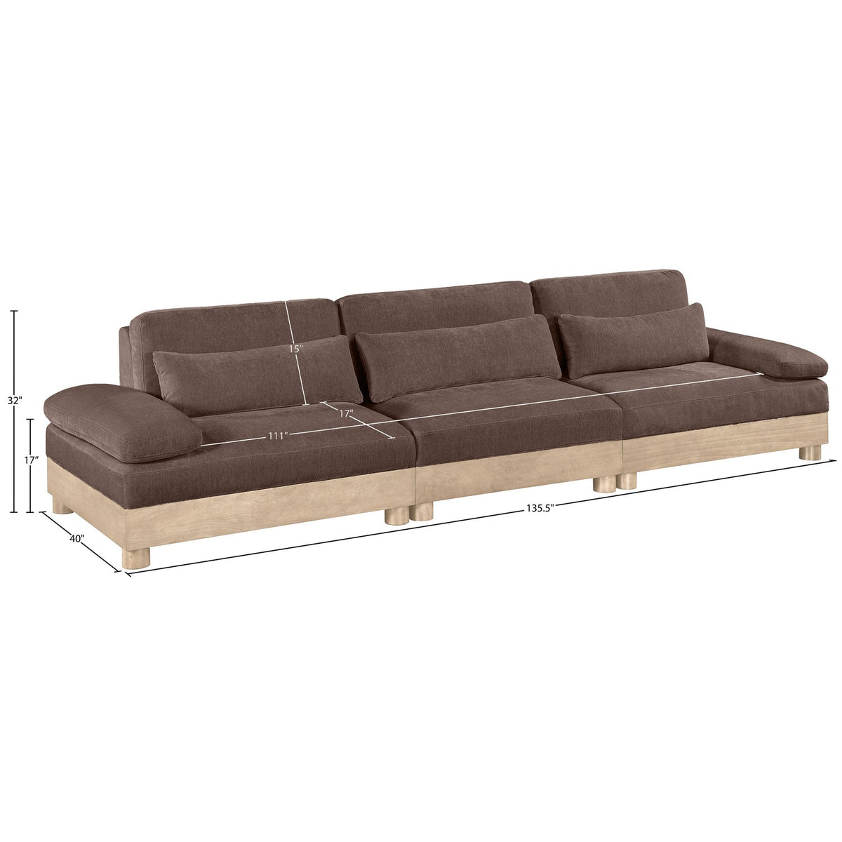 Turin 13 5 .5in Brown Chenille Fabric Upholstered 3 Piece. Modular Sofa
