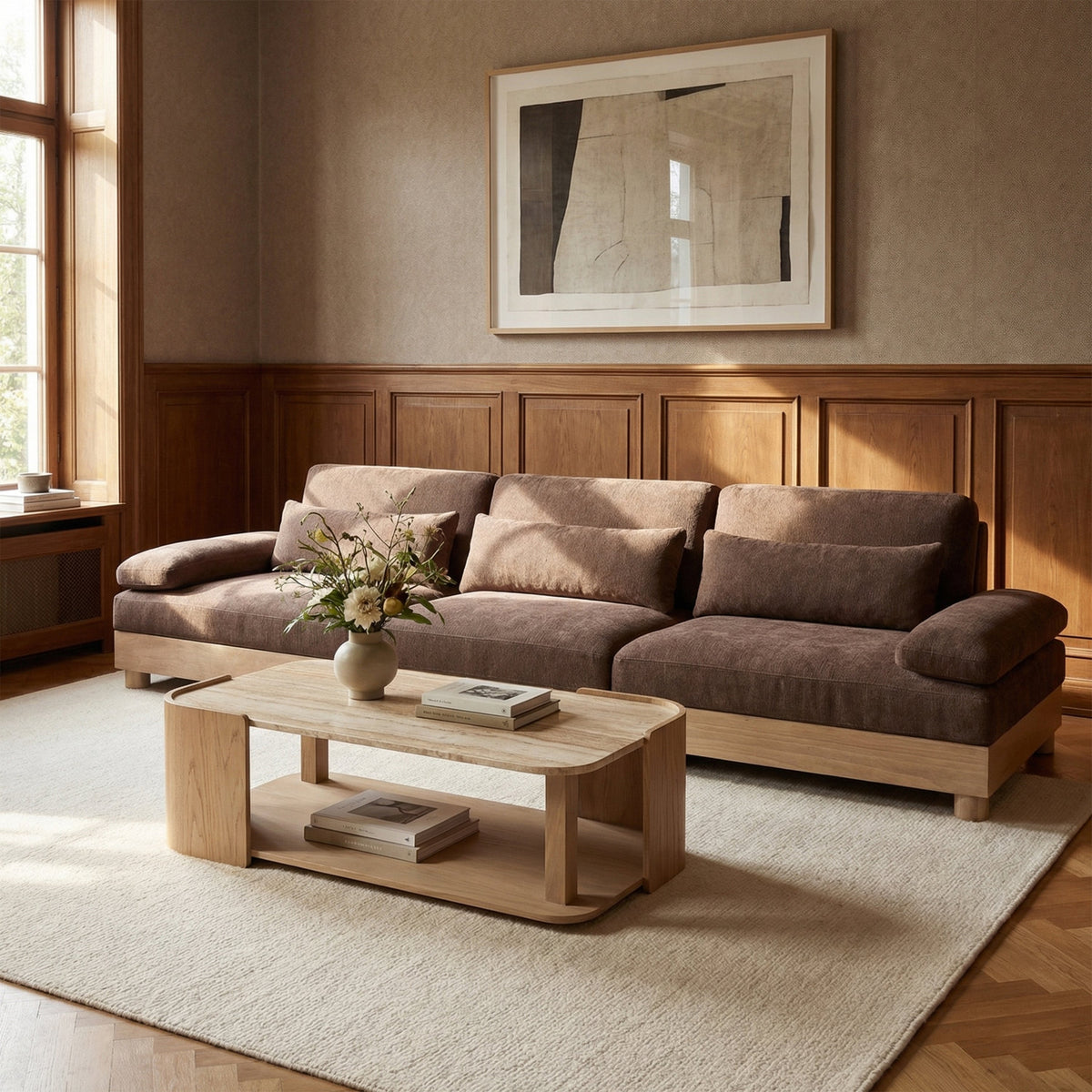 Turin 13 5 .5in Brown Chenille Fabric Upholstered 3 Piece. Modular Sofa