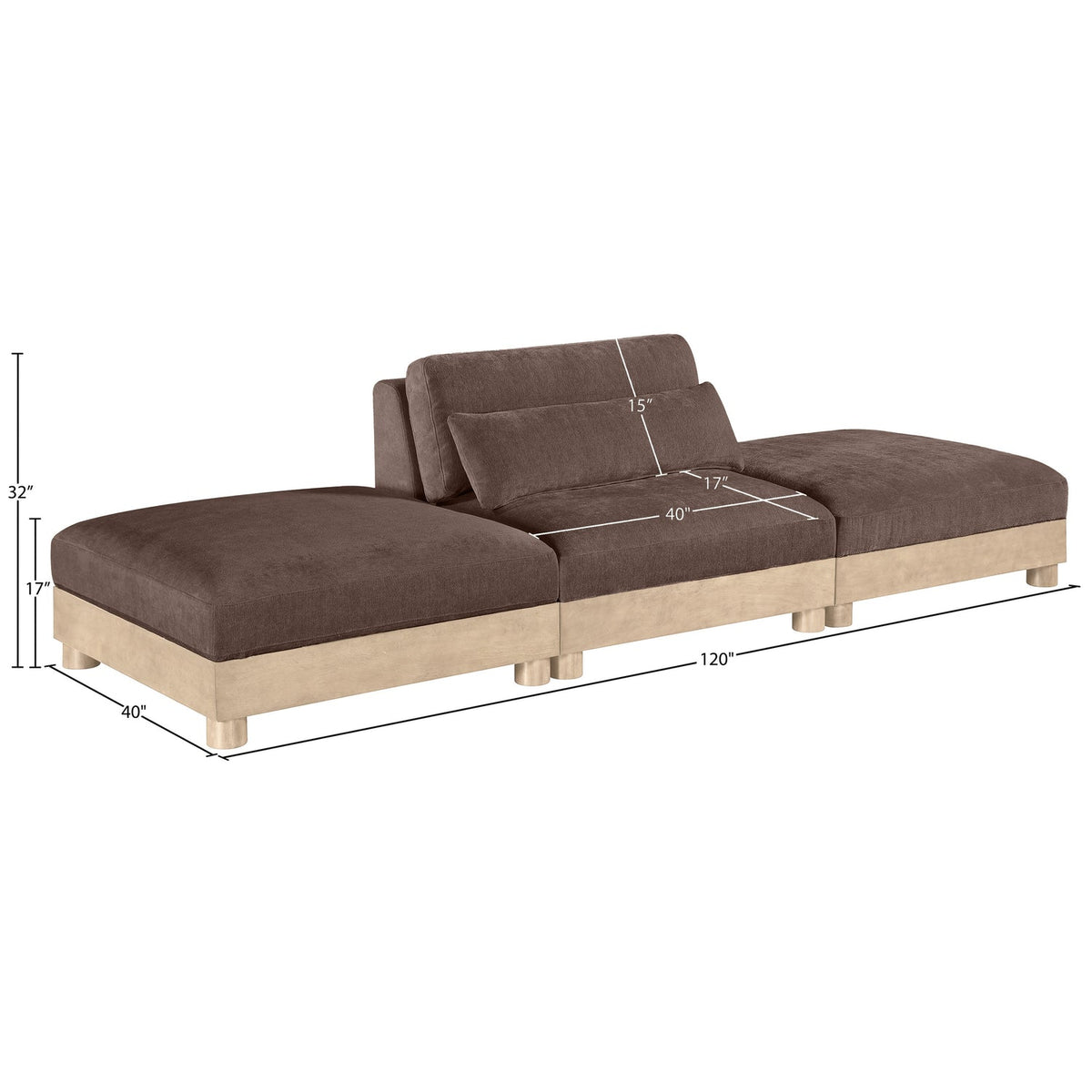 Turin 120in Brown Chenille Fabric Upholstered 3 Piece Modular Sofa