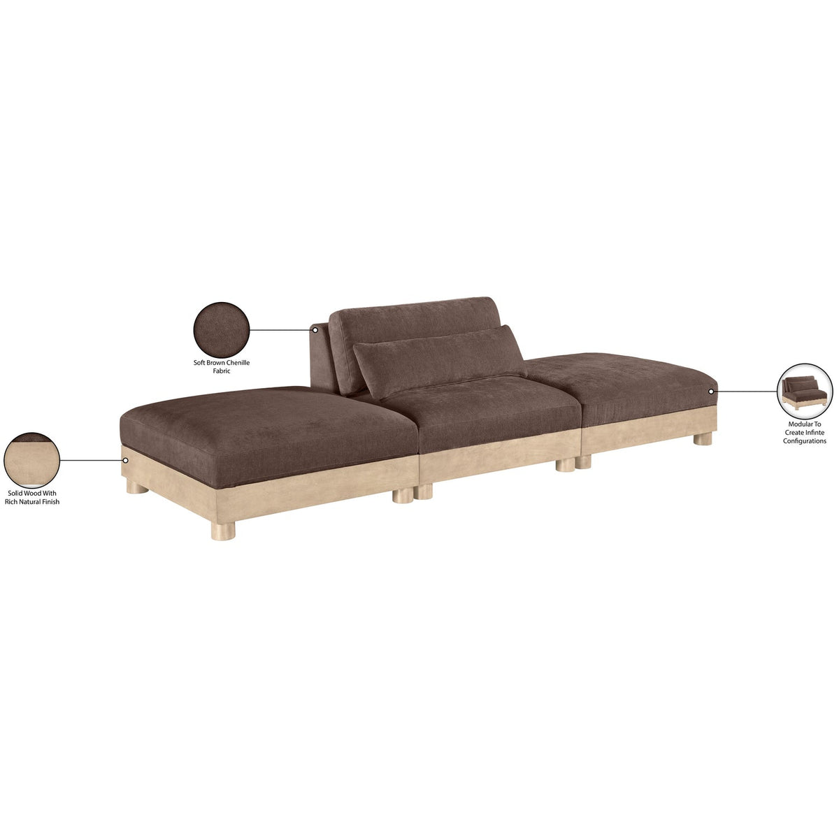 Turin 120in Brown Chenille Fabric Upholstered 3 Piece Modular Sofa