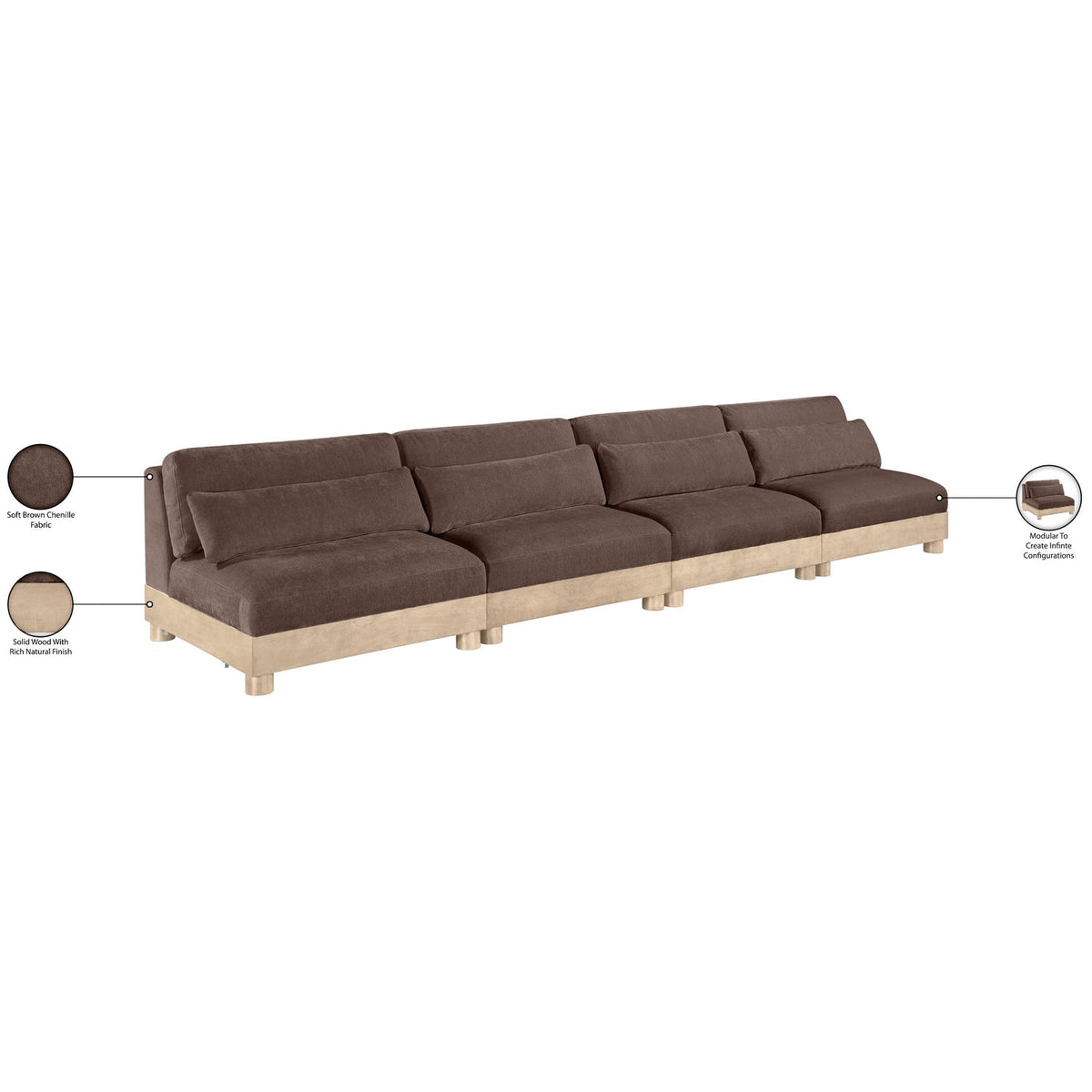Turin 16 0in Brown Chenille Fabric Upholstered 4 Piece. Modular Sofa