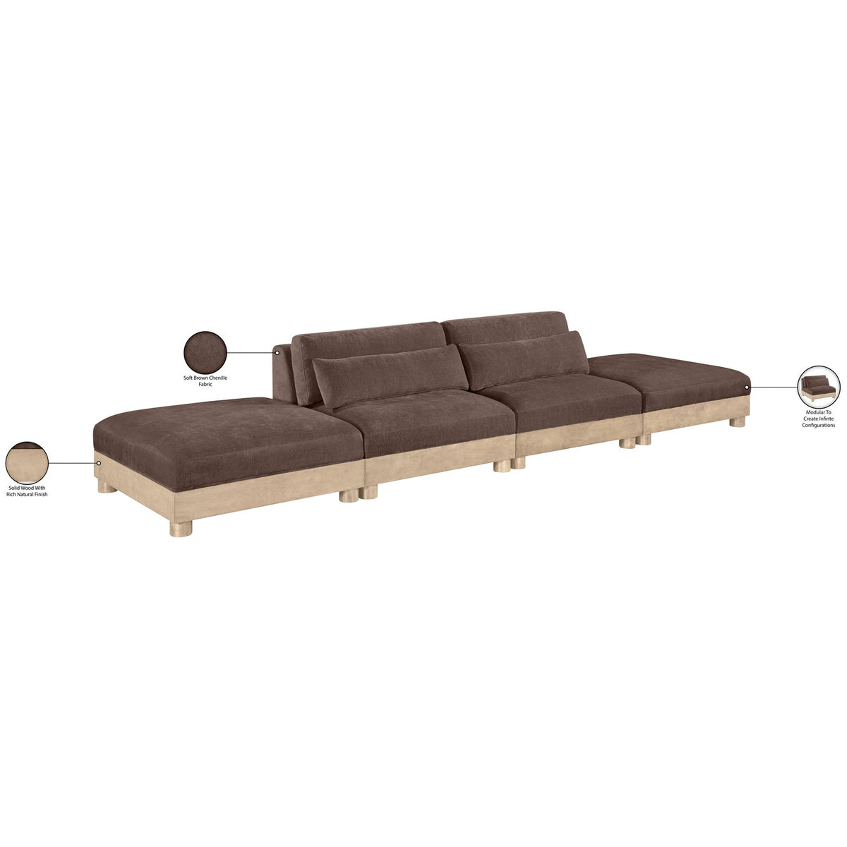 Turin 160in Brown Chenille Fabric Upholstered 4 Piece Modular Sofa