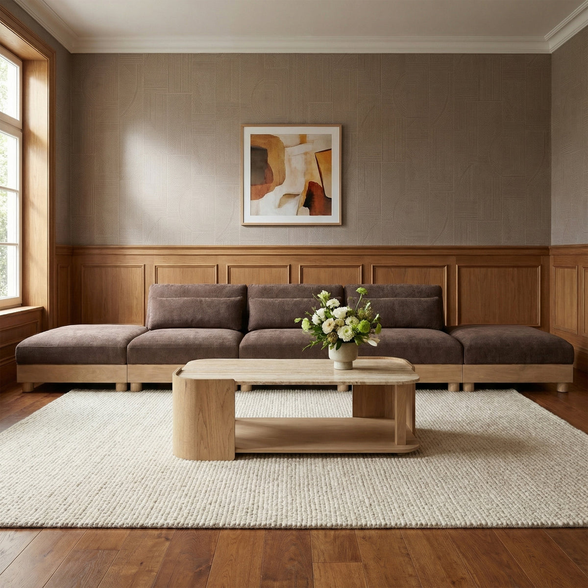 Turin 200in Brown Chenille Fabric Upholstered 5 Piece. Modular Sofa