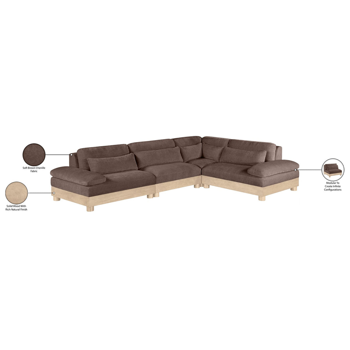 Turin 127.75in Brown Chenille Fabric Upholstered 4 Piece Modular Sectional Sofa