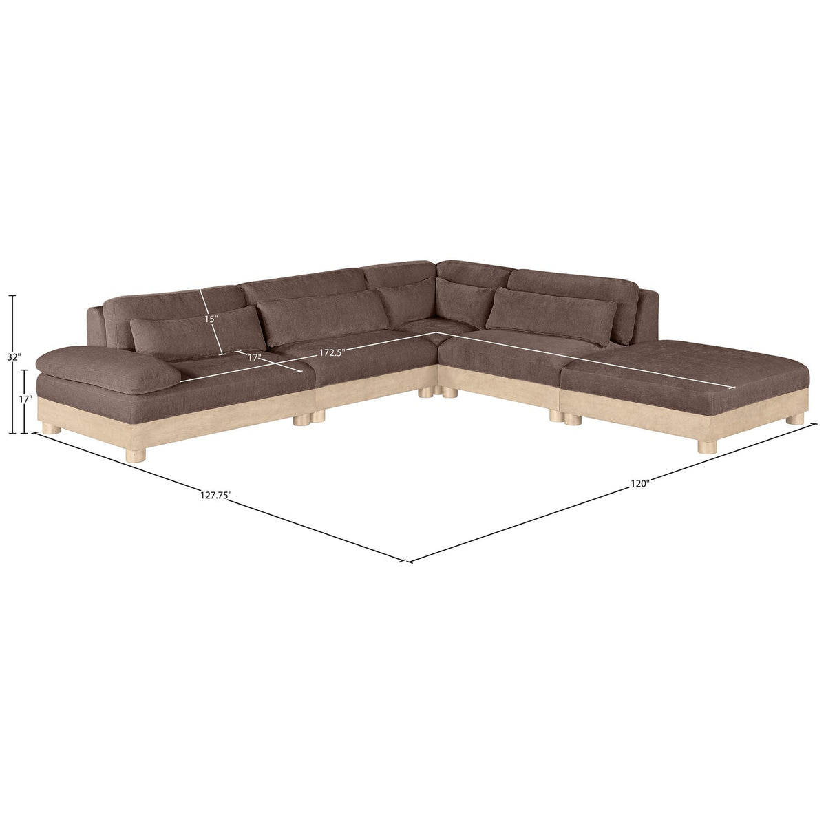 Turin 120in Brown Chenille Fabric Upholstered 5 Piece Modular Sectional Sofa