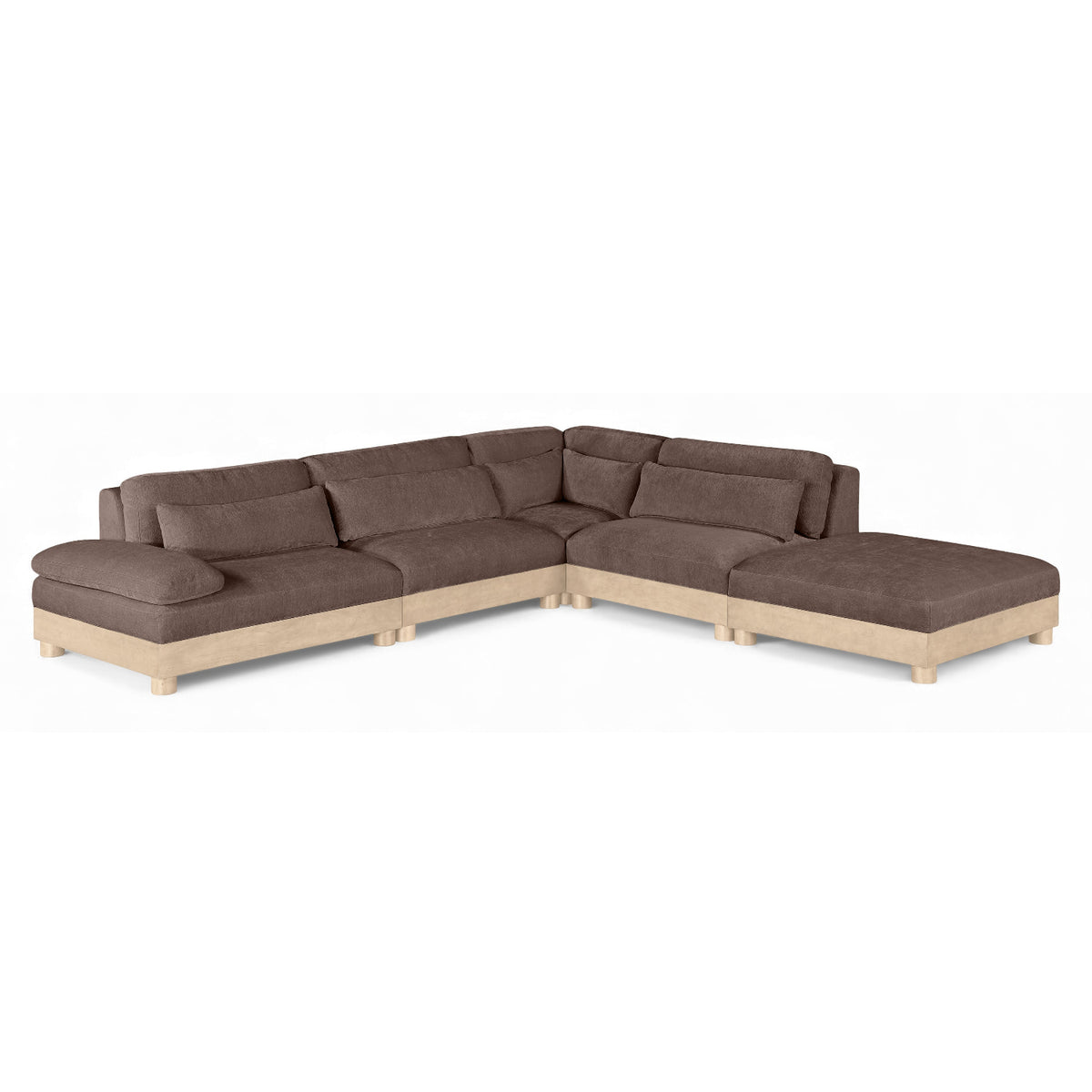 Turin 120" Brown Chenille Fabric Upholstered 5pc. Modular Sectional in brown chenille, natural oak, front product view