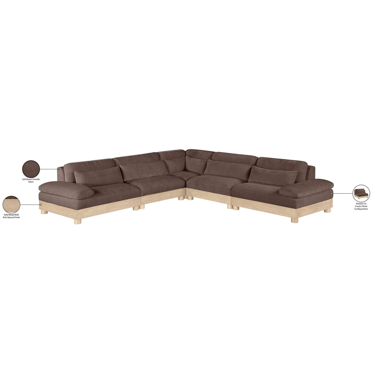 Turin 127.75in Brown Chenille Fabric Upholstered 5 Piece Modular Sectional Sofa