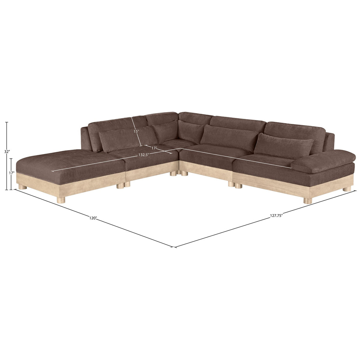Turin 127.75in Brown Chenille Fabric Upholstered 5 Piece Modular Sectional Sofa