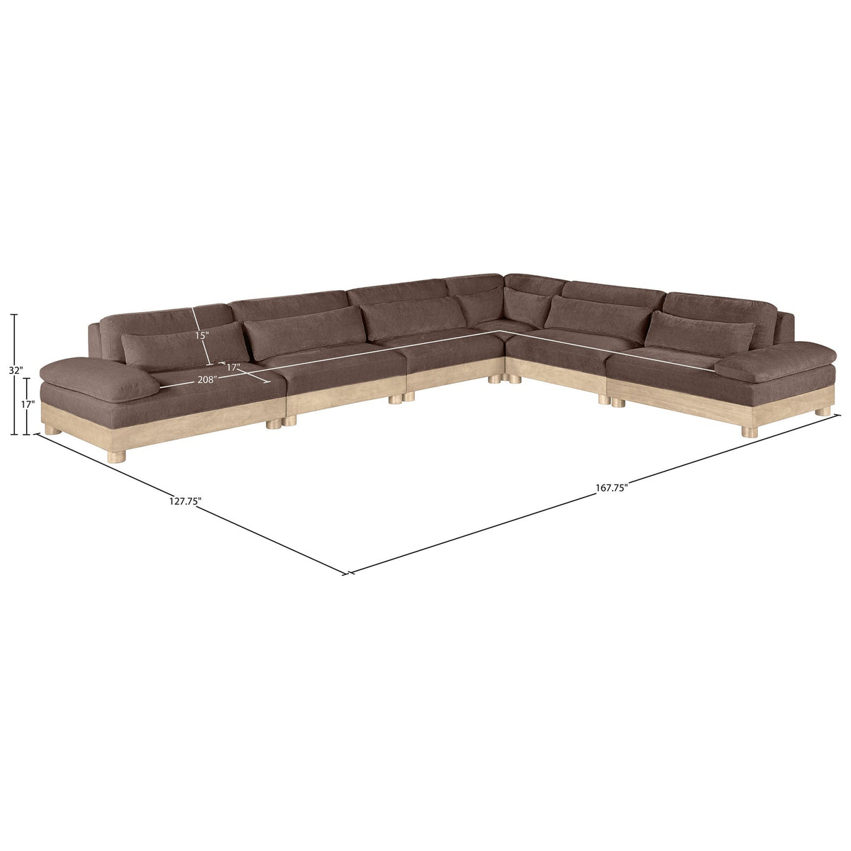 Turin 167.75in Brown Chenille Fabric Upholstered 6 Piece Modular Sectional Sofa